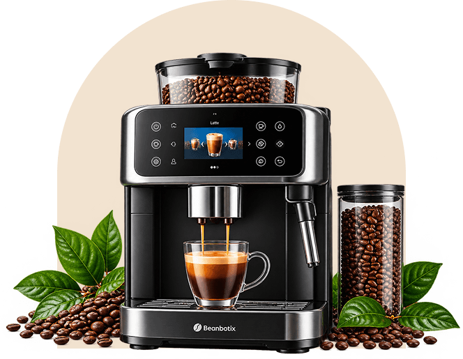 A BeanbotiX machine pouring a fresh espresso