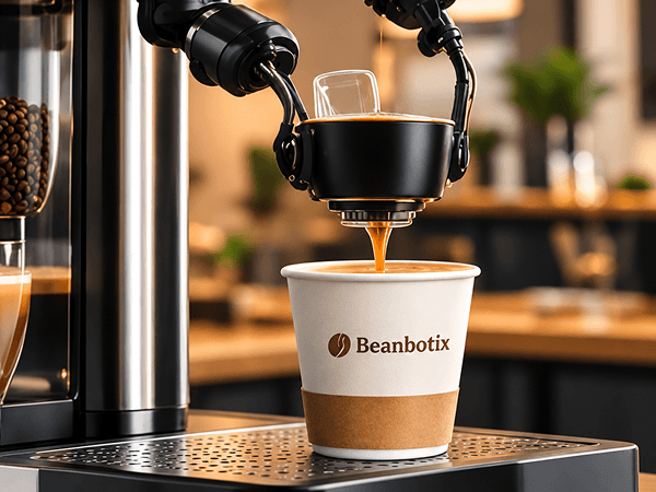 A BeanbotiX machine pouring espresso into a branded cup
