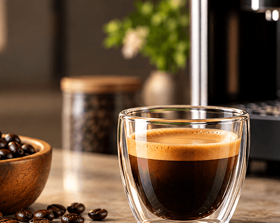 A finished espresso in a double-walled glass beside a bowl of beans