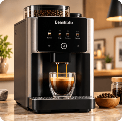 A BeanbotiX machine pouring a double espresso on a kitchen counter
