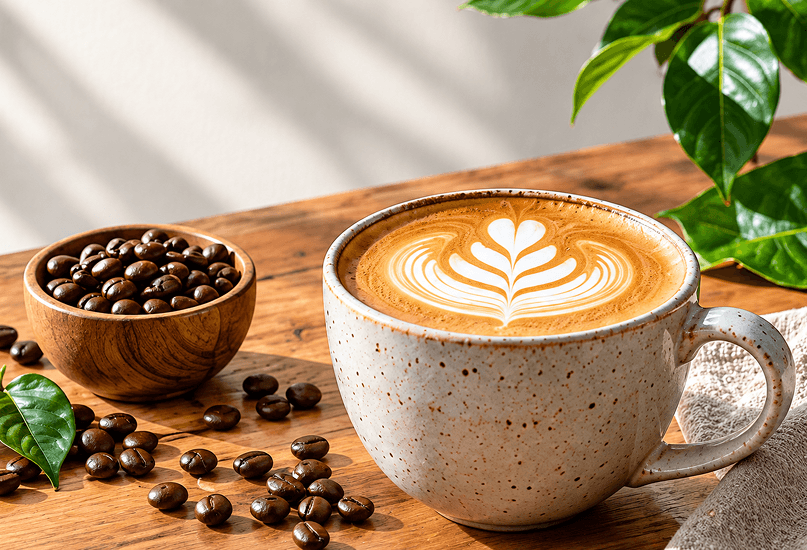 A cup of latte art beside a bowl of roasted beans on a wooden table
