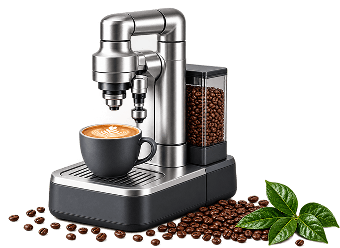 A robotic espresso machine pouring a latte, surrounded by roasted beans and coffee leaves