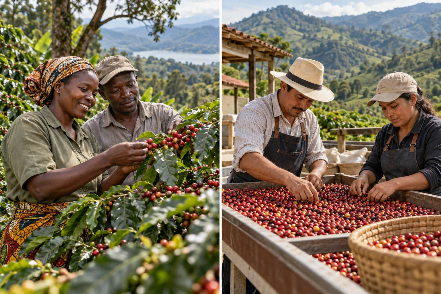 AI-generated illustration of coffee growers in Uganda and Colombia