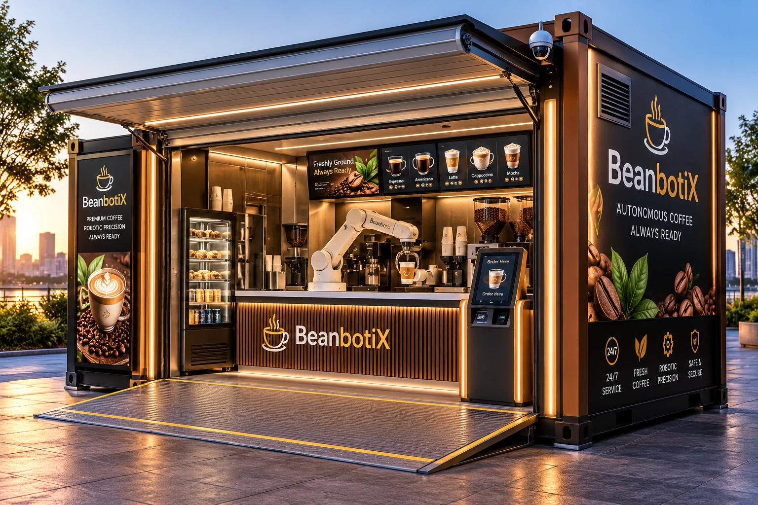 Charcoal BeanbotiX container coffee concept at dawn