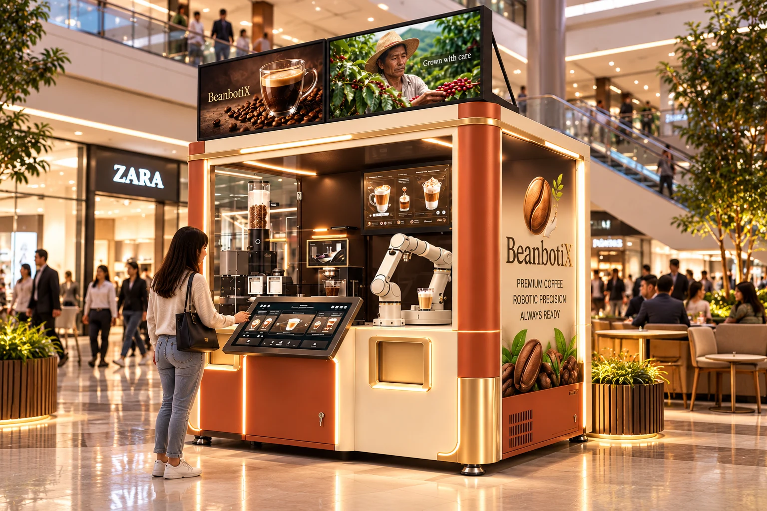 Cream and terracotta BeanbotiX kiosk illustrated in a shopping mall