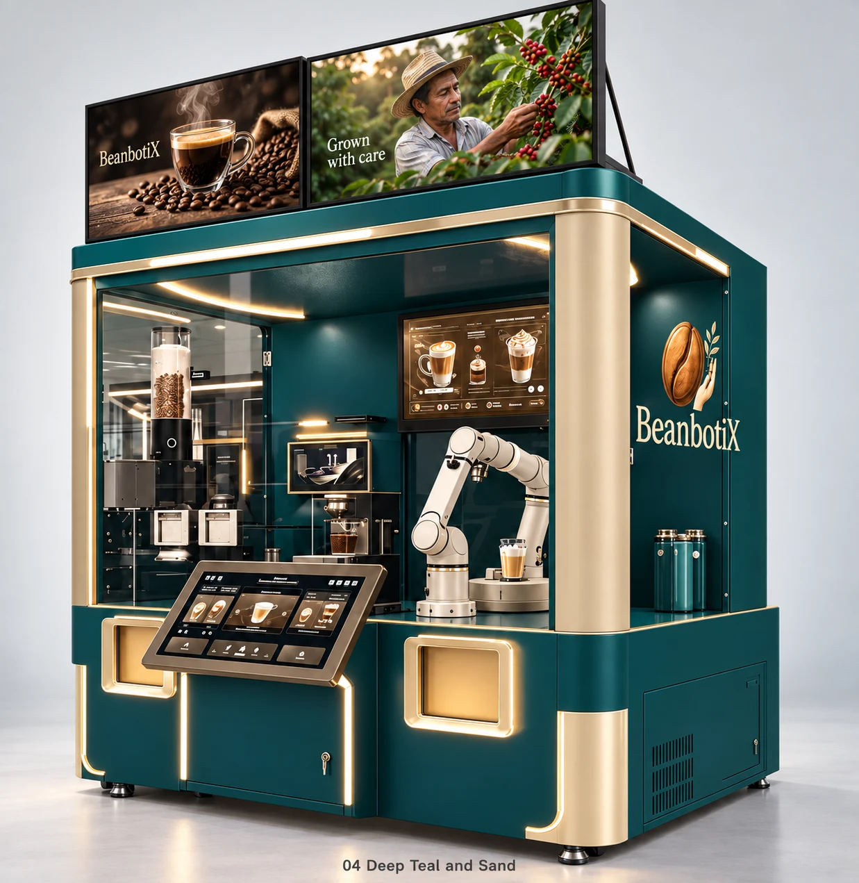 BeanbotiX robotic coffee bar in deep teal and sand