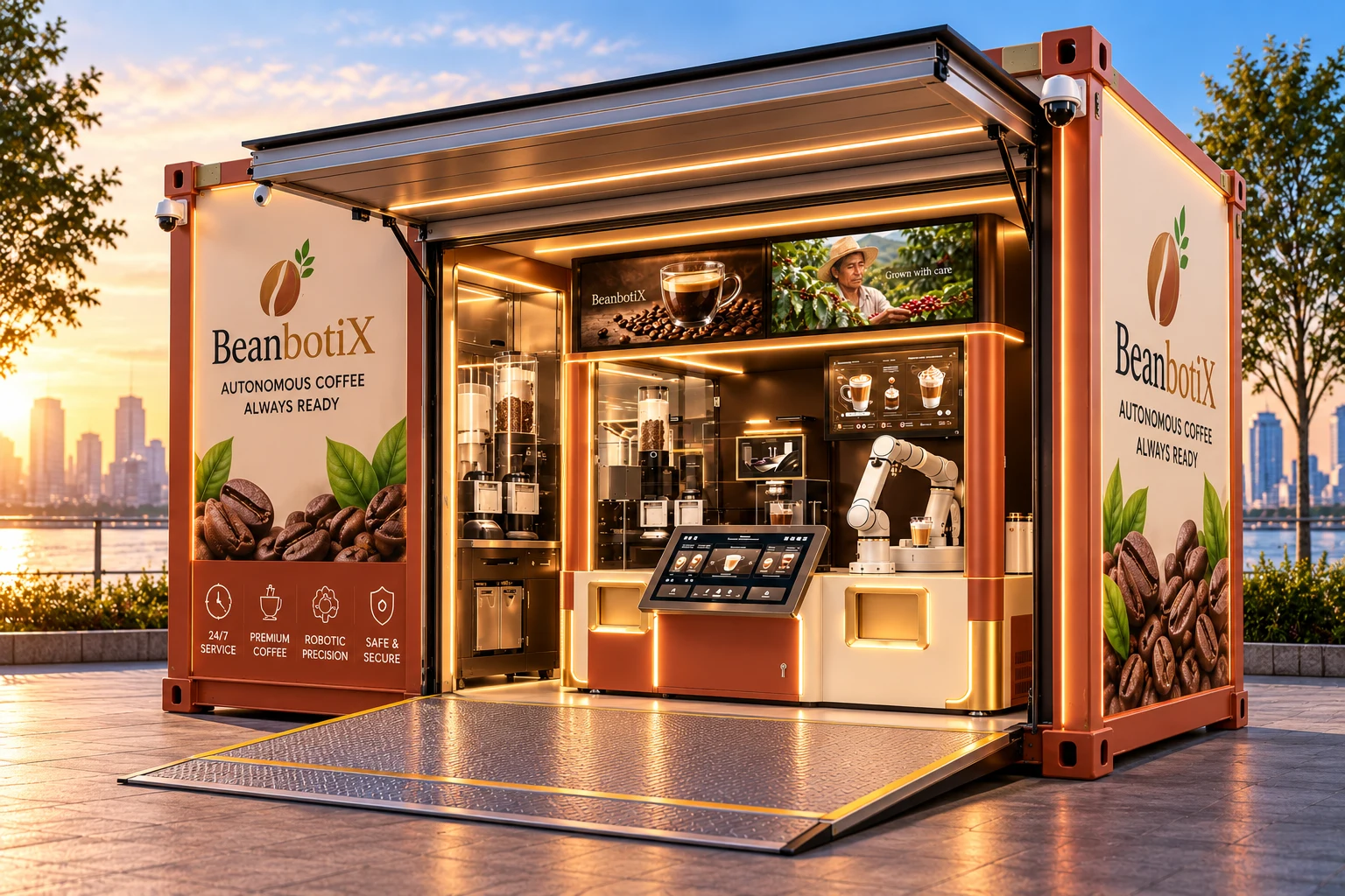 Cream BeanbotiX container concept at a waterfront